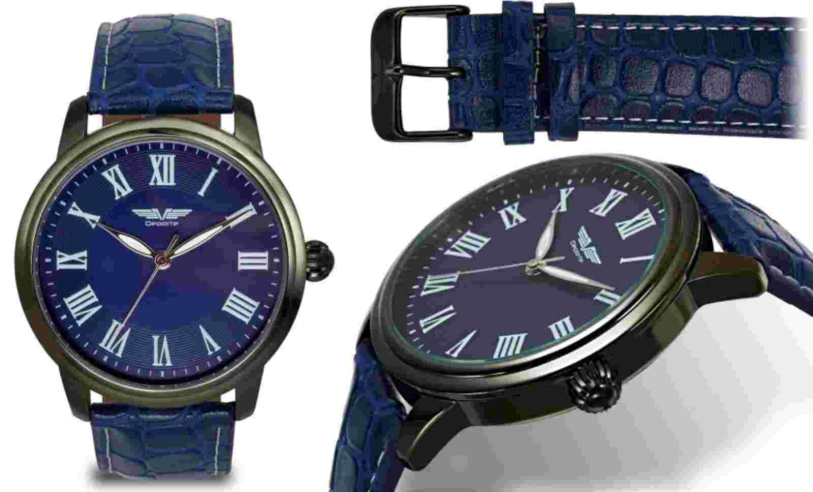 NEW Deporte 14033 Men Prescott Collection Blue Leather Roman Numeral Sleek Watch
