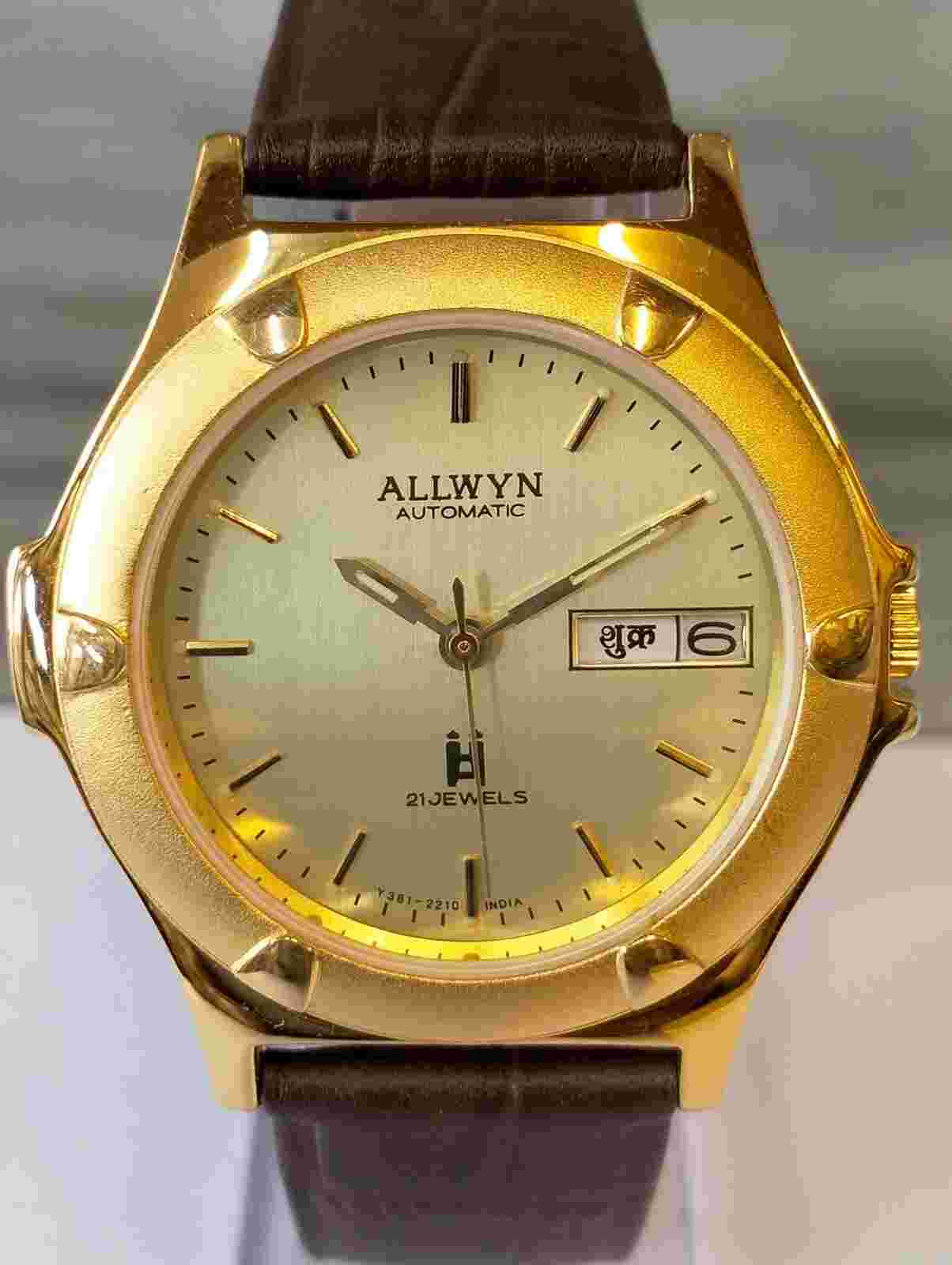 ORIGINAL ALLWYN AUTOMATIC NOS 21J GOLD DIAL Y381-8460 INDIA MEN'S FULL WORKING