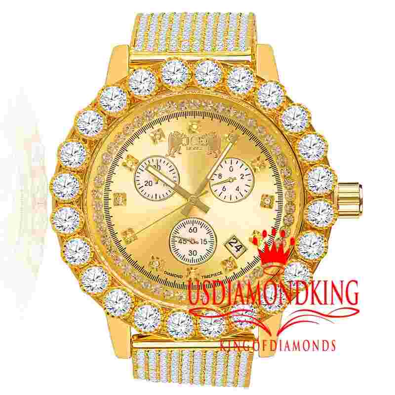 Solitaire Watch Custom Genuine Diamond Analog Gold Tone Steel 10 Row Iced Band
