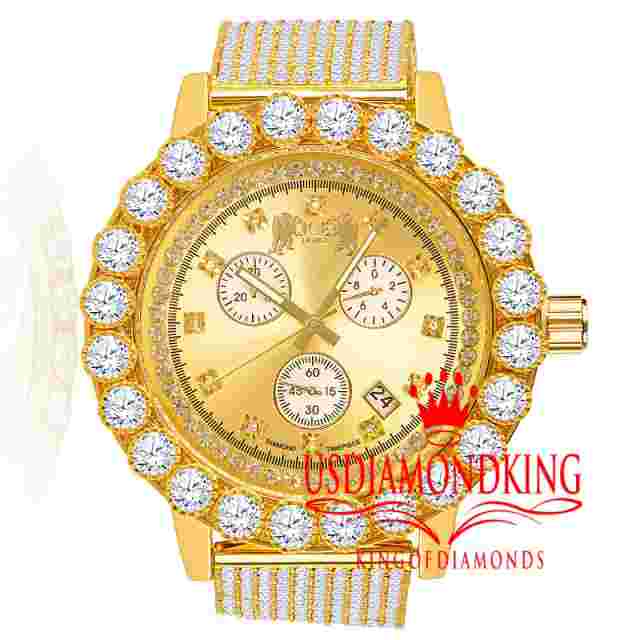 Solitaire Watch Custom Genuine Diamond Analog Gold Tone Steel 10 Row Iced Band