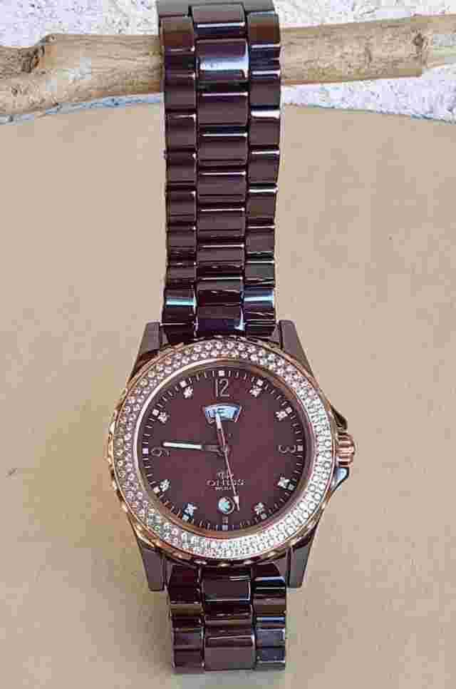 ONISS PARIS CERAMIC WATCH SAPPHIRE CRYSTAL SWISS PARTS DAY/DATE ROSE-TONE BROWN
