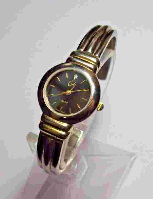 Cache Ladies Watch NOS Hinged Silver Cuff Black Dial w/Diamond Simple & Elegant