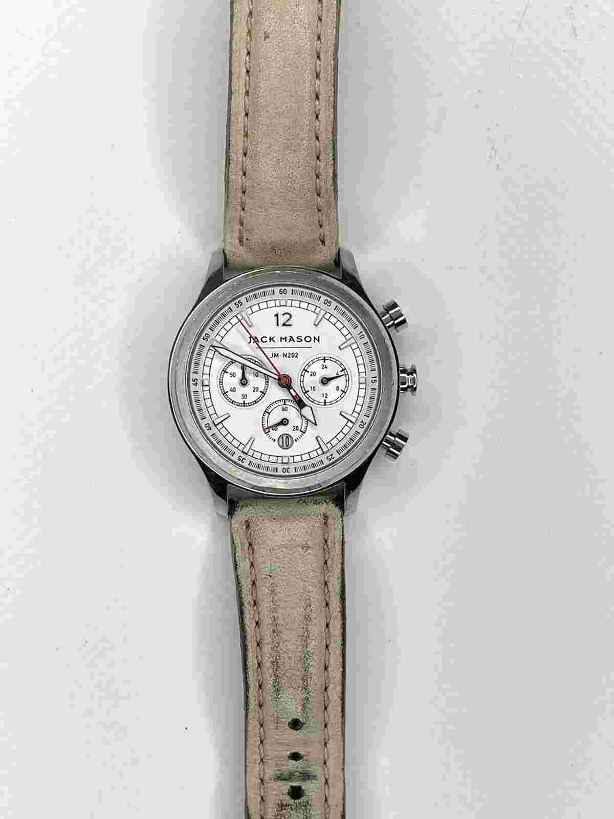 Jack Mason JM N202 002 Wrist Watch Nautical Stainless Steel Cream Leather Band