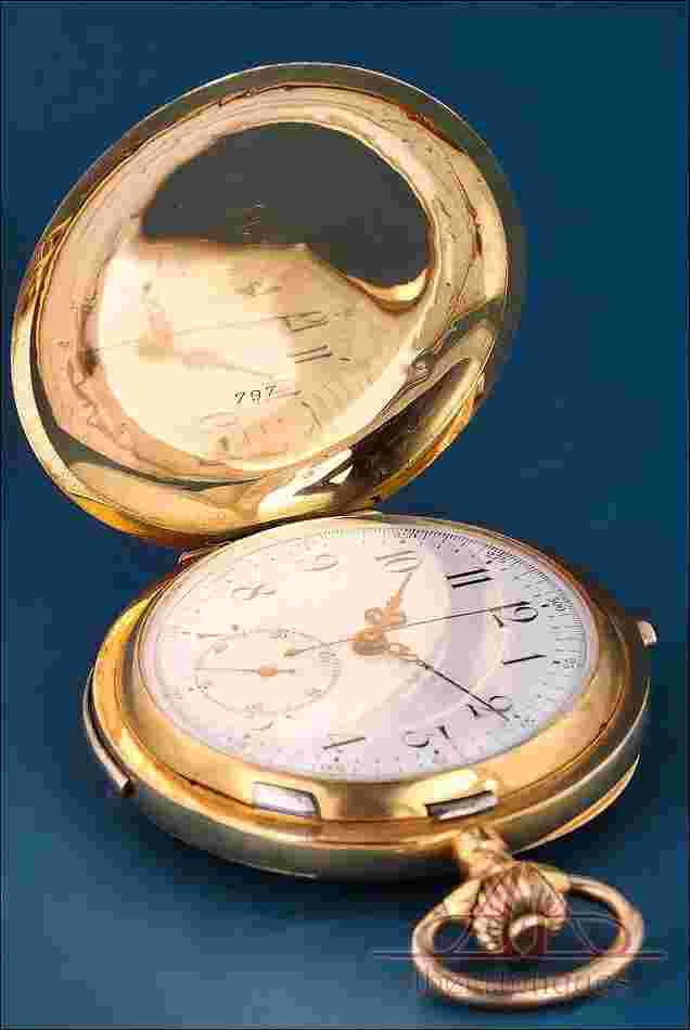 Antique 18K Gold Pocket Watch. Minute Repeater + Chrono. Switzerland, c. 1890