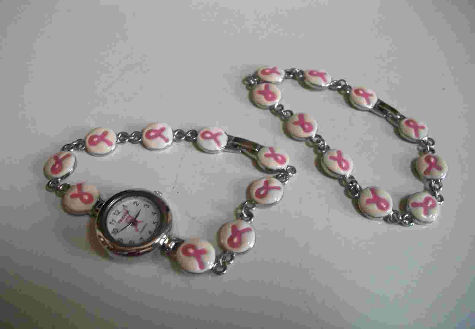 Women's Pink Ribbon Breast Cancer Awareness Watch & Bracelet Set
