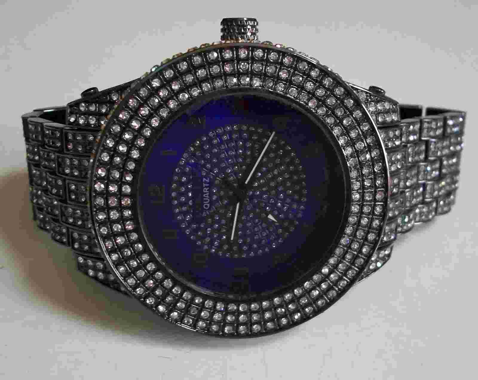 Men's Stone Blue Dial Hematite Black Finish Fashion Dressy Hip Hop Link Watch