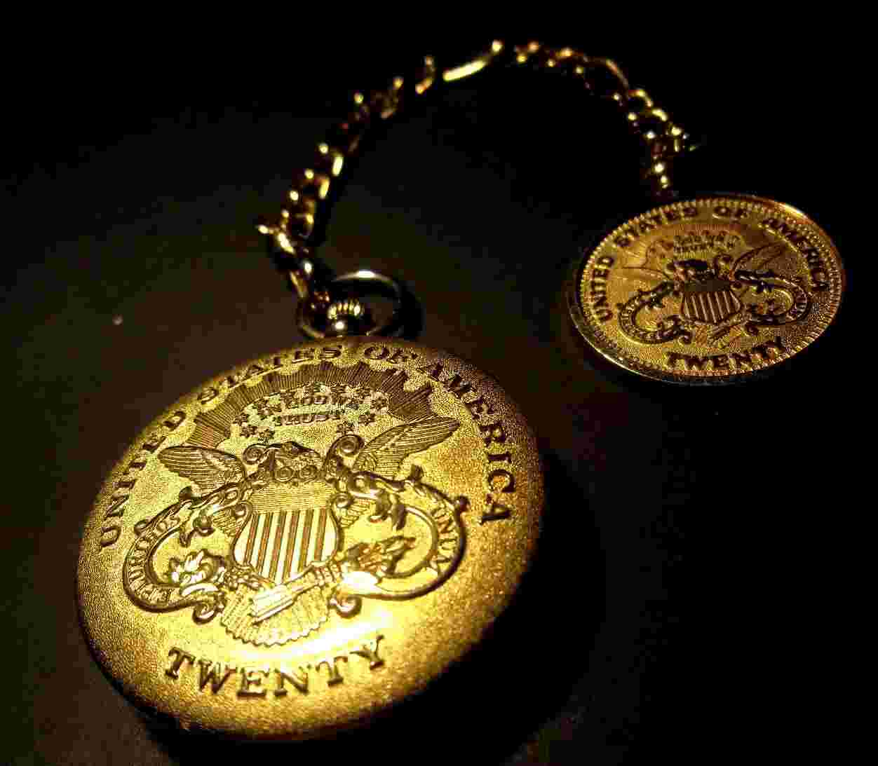 Vintage Colibri Swiss Quartz Pocket Watch Twenty Dollar Coin Gold Cover/NICE!