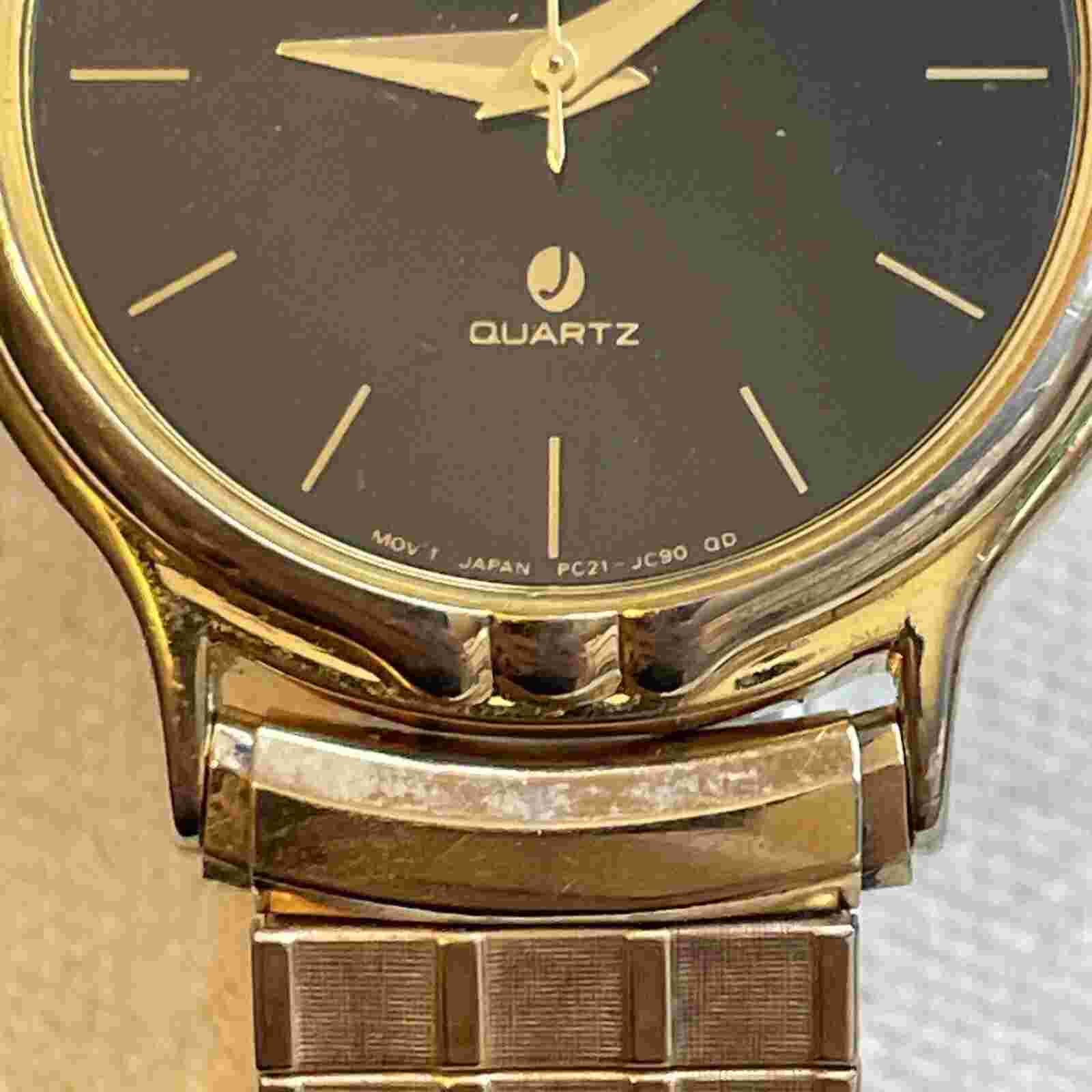 Jemis Quartz Gold Tone Watch Men 34mm Black Dial Extension Band 7” New Battery