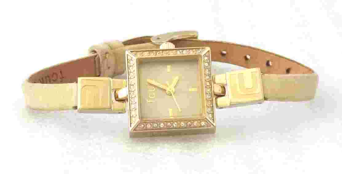 Fcuk Time F2V323 Gold Tone Case Crystal Bezel Genuine Leather Band Women's Watch