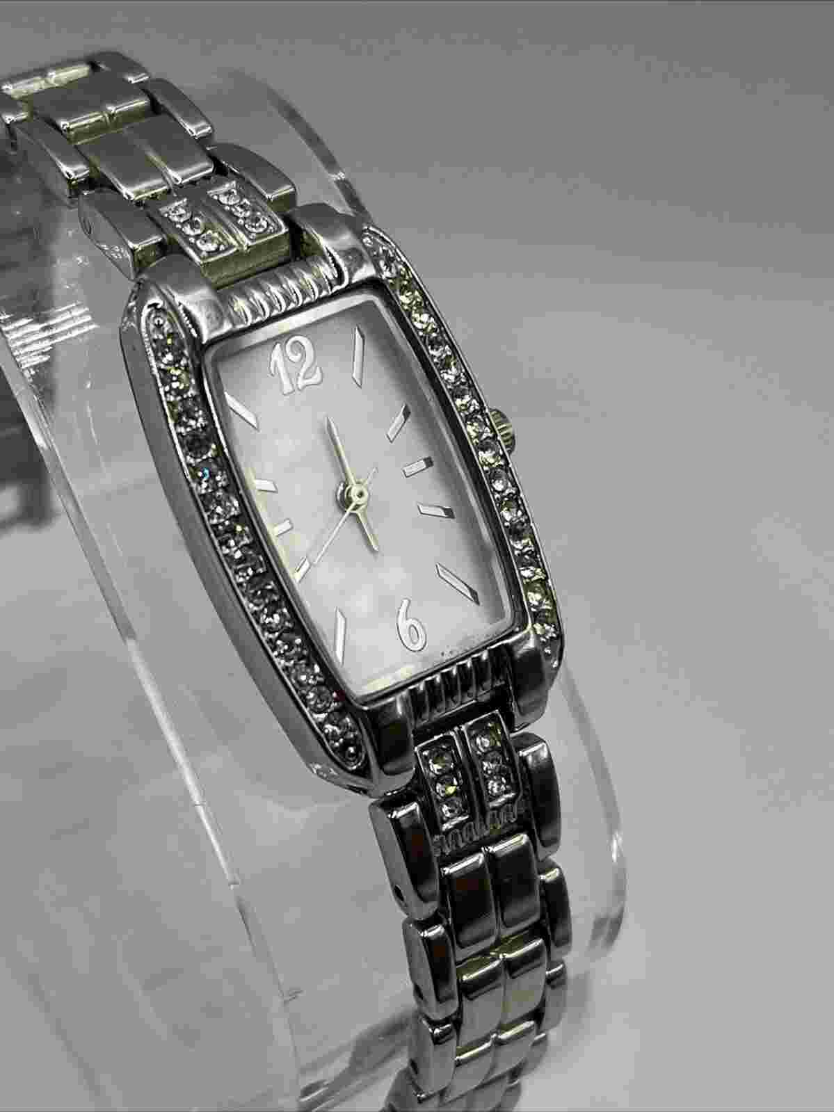 Allude Women's Watch Silver 7" Bracelet Band Rhinestone Bezel- New Battery