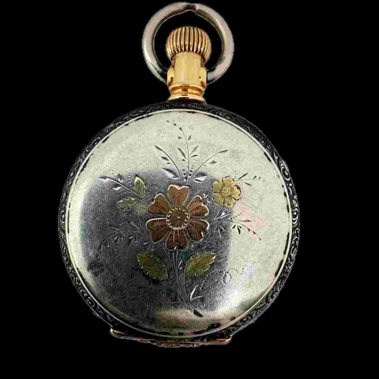 Antique 0 Size Crescent Tricolor Gold Filled Pocket Watch Case Coin Silver