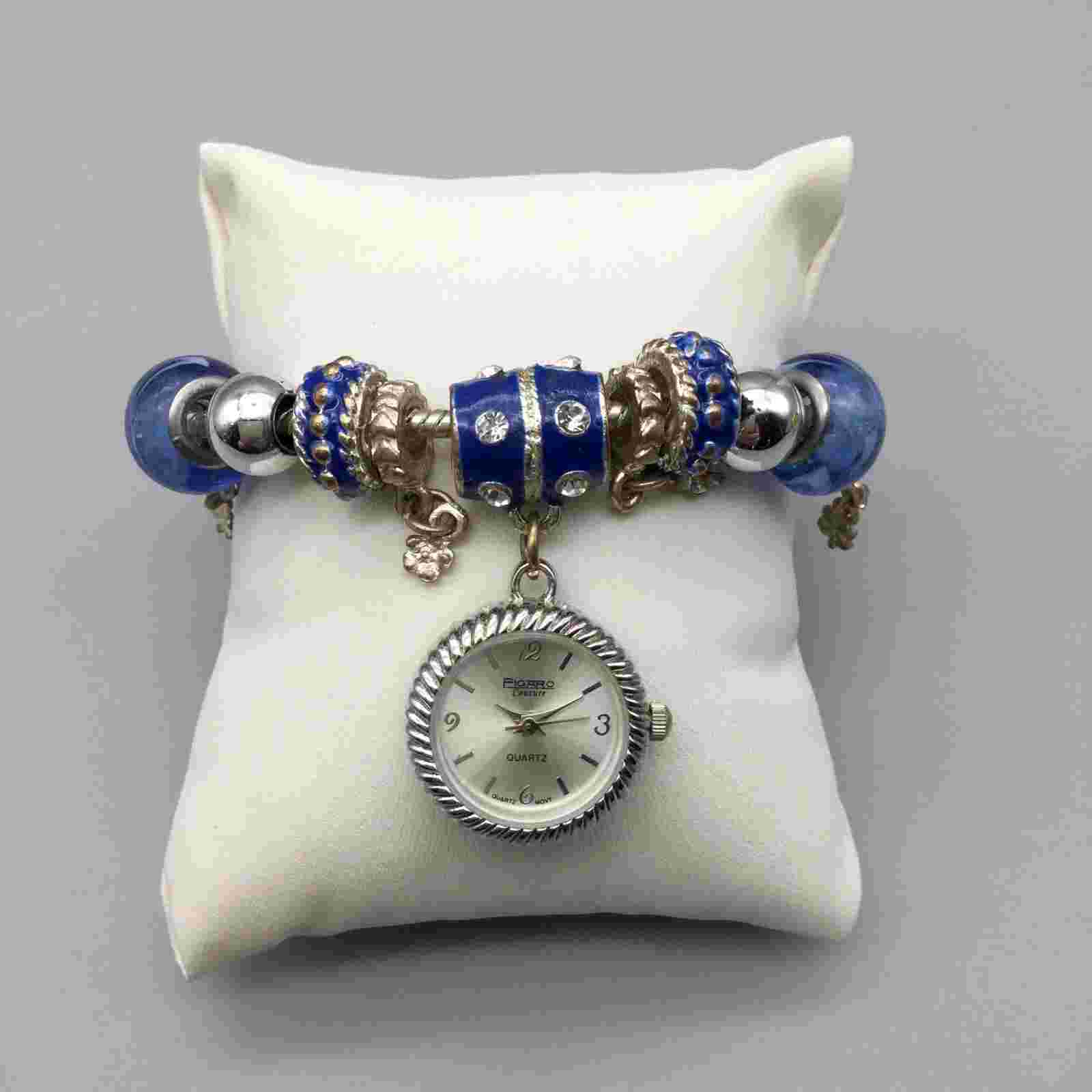 Figaro Couture Watch Women Silver Tone Blue Slide Charm Toggle Band New Battery