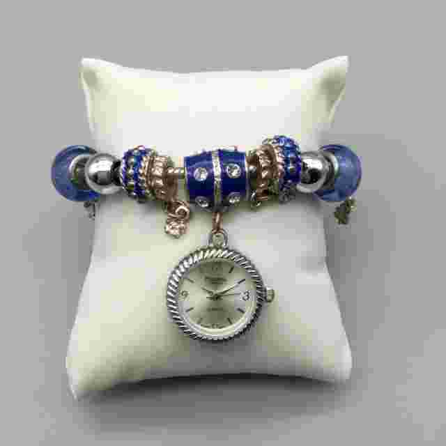 Figaro Couture Watch Women Silver Tone Blue Slide Charm Toggle Band New Battery