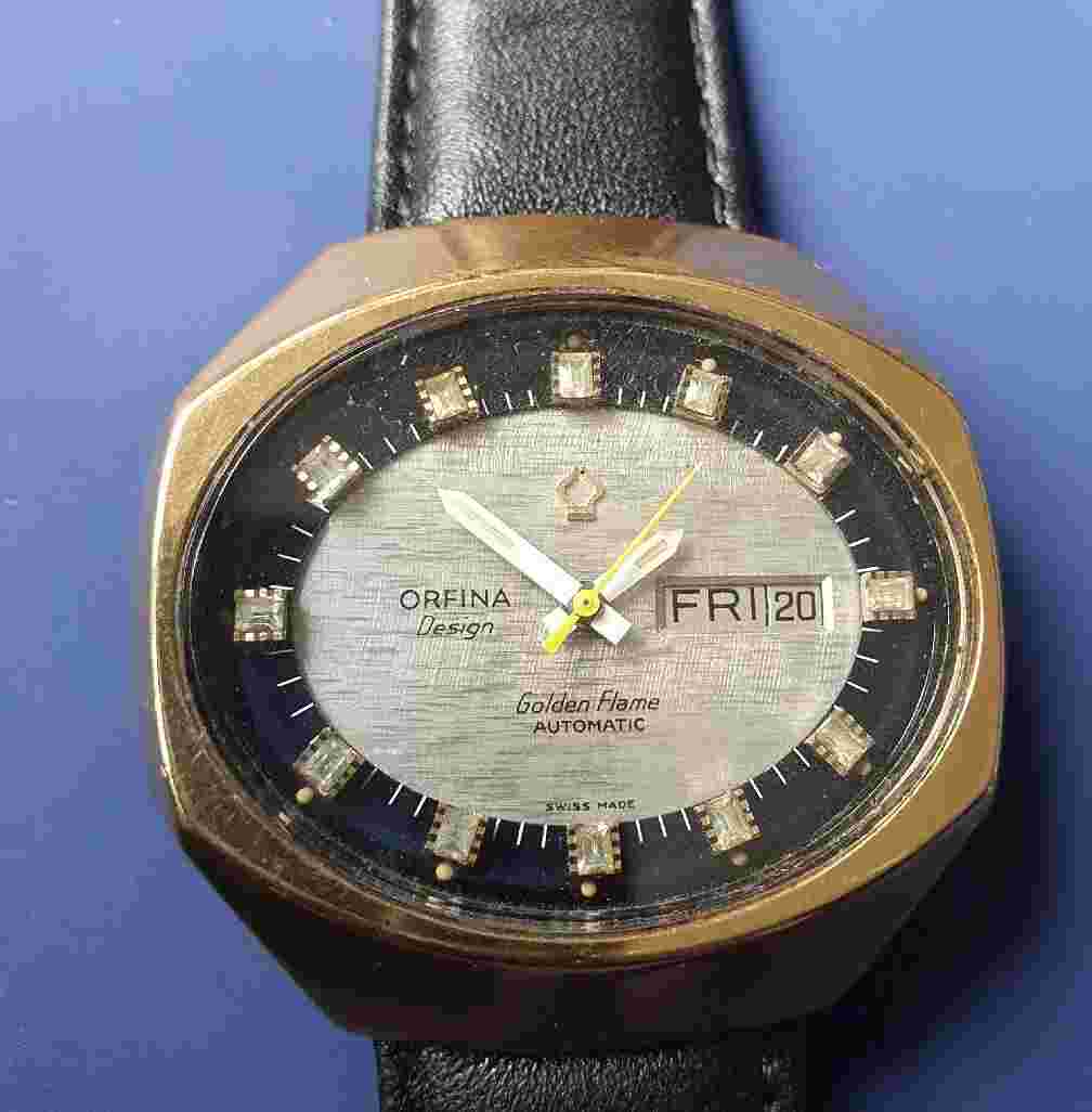 Vintage Orfina Design Golden Flame Swiss Watch Automatic Wristwatch
