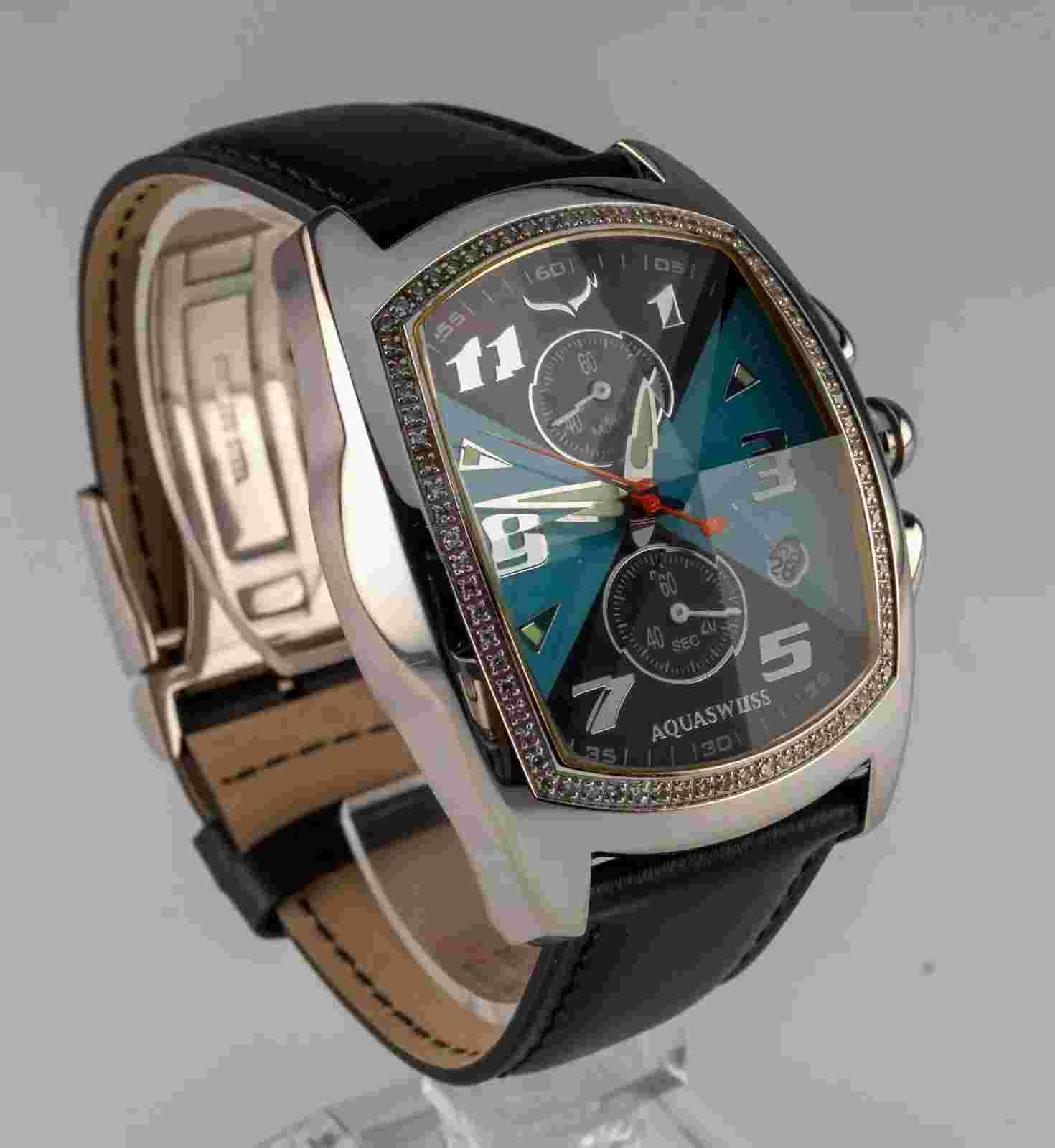 Aquaswiss Men's Diamond Quartz Chronograph Watch Faceted Crystal