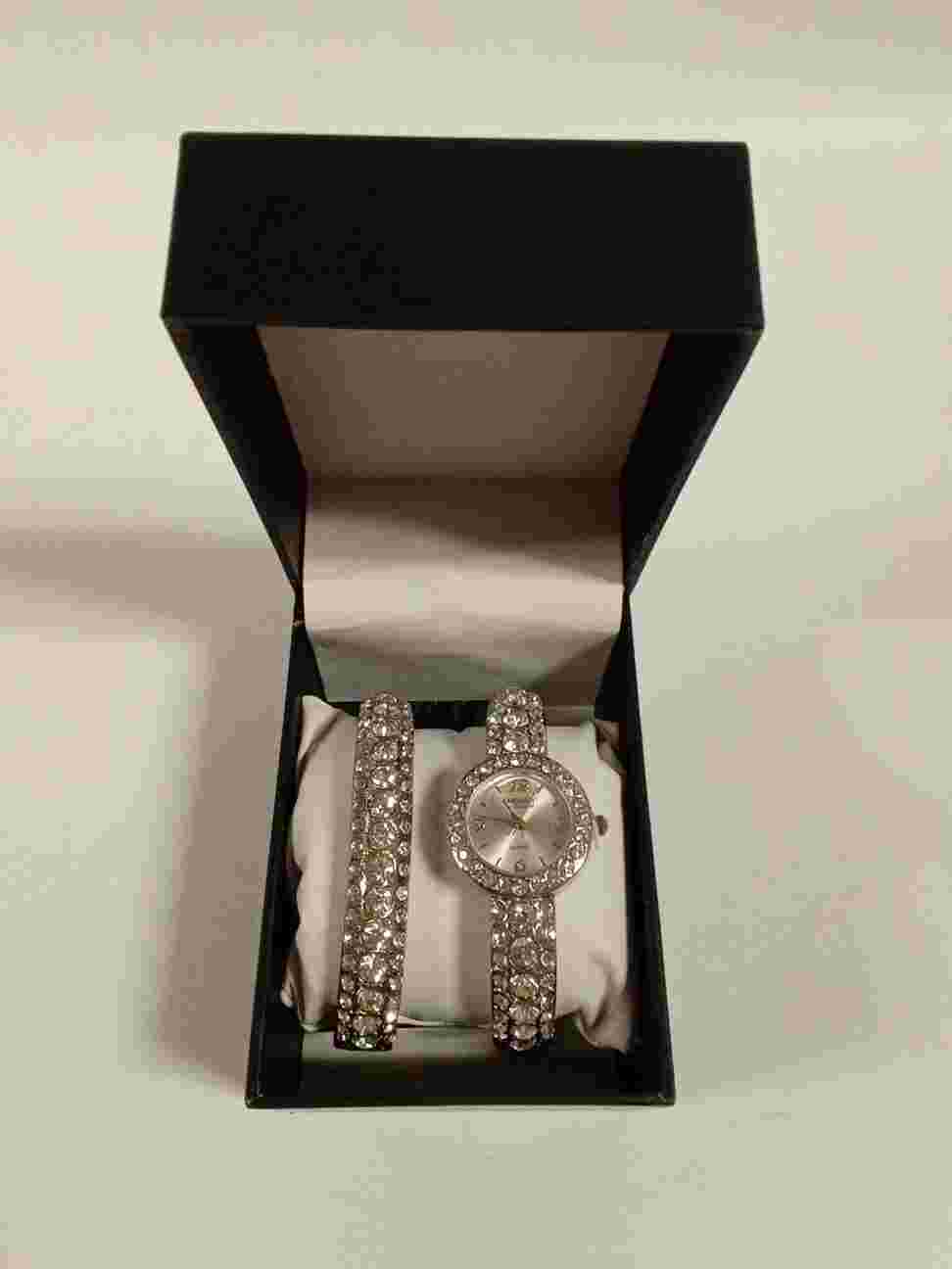 Embassy By Gruen Ladies White Crystal Silver Tone Watch & Bracelet Set - L