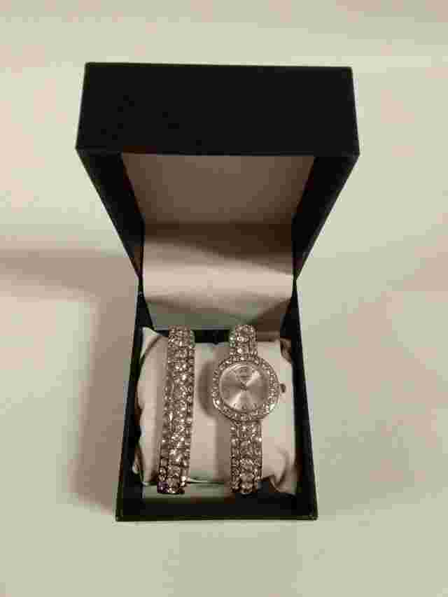 Embassy By Gruen Ladies White Crystal Silver Tone Watch & Bracelet Set - L