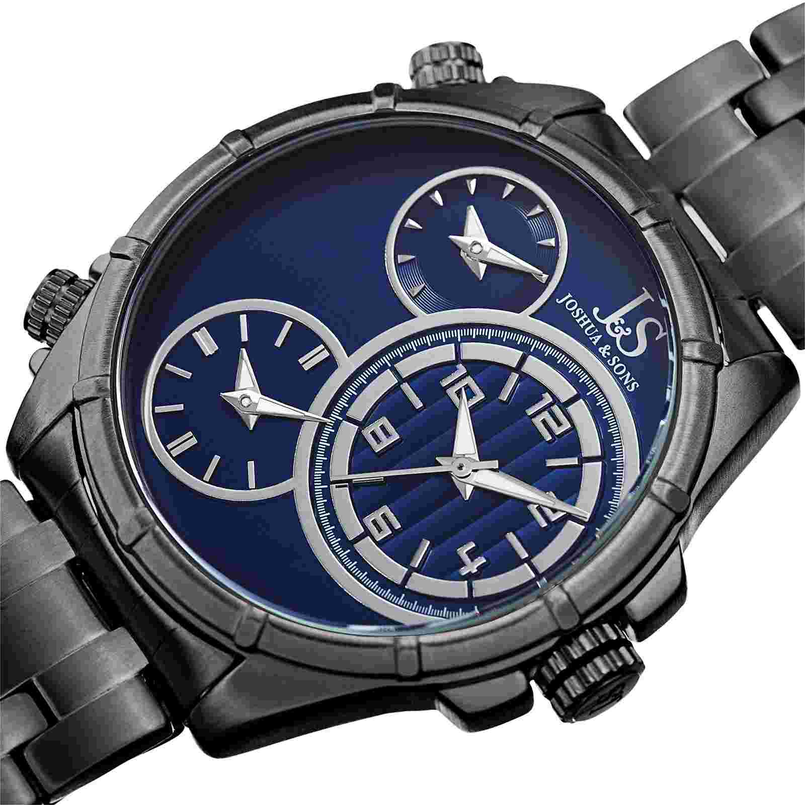 Men's Joshua & Sons JX128GNBU Triple Time Zone Stainless Steel Bracelet Watch