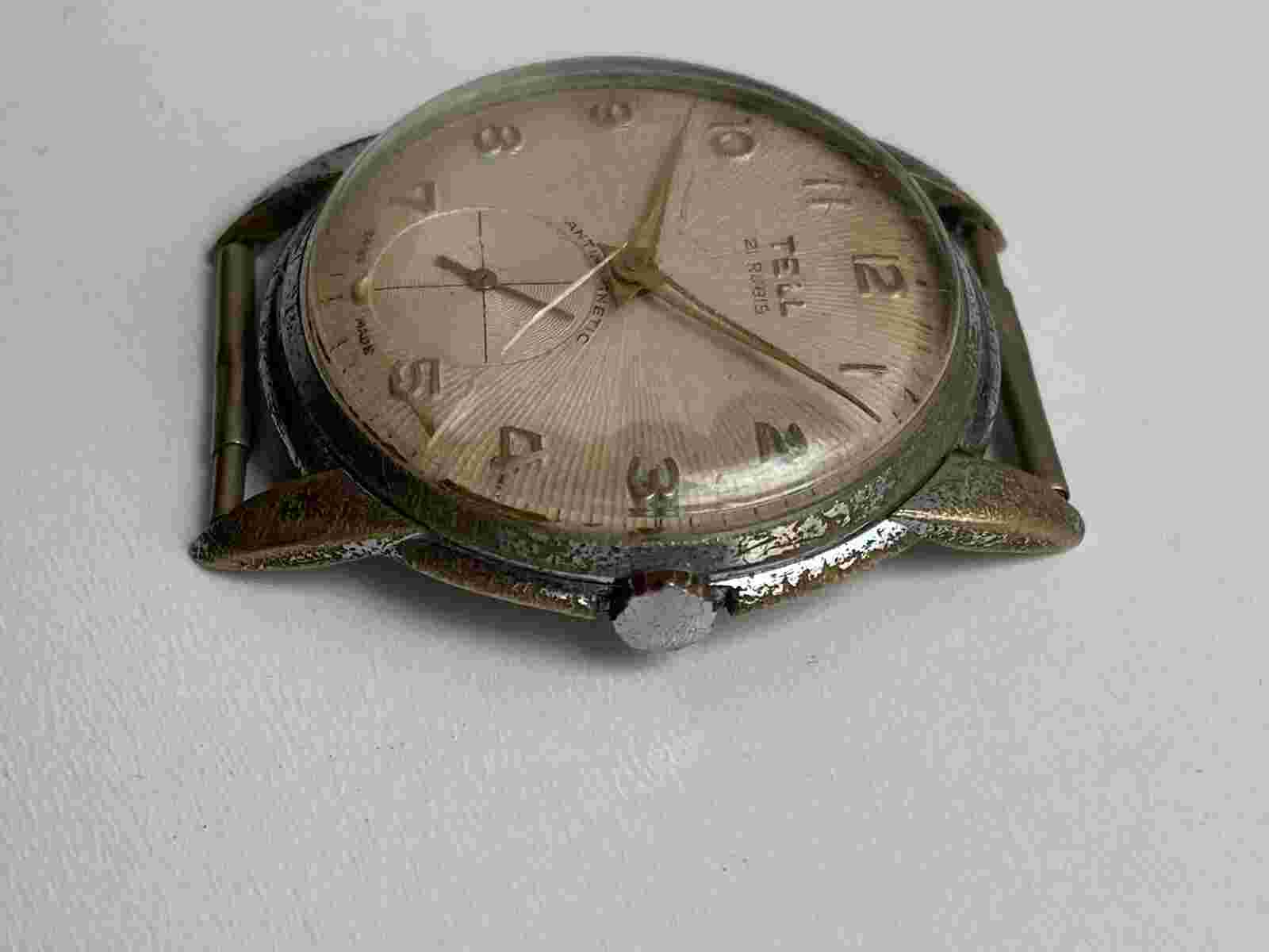 VINTAGE MEN'S WATCH TELL 21 RUBIS SWISS FOR PARTS CAL F 399 BROKEN BALANCE