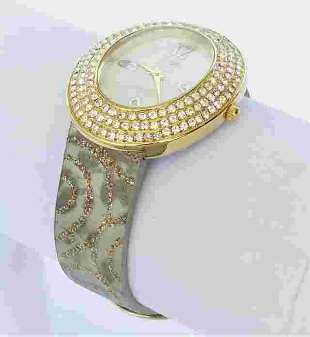 Suzanne Somers Watch Wristwatch NEW Crystals Silver Gray Leather Band Womens