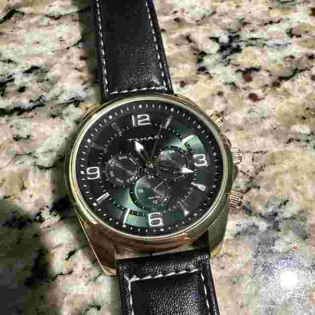 Green Face Tahari Watch W Good Battery & Leather Band Stainless Steel Caseback