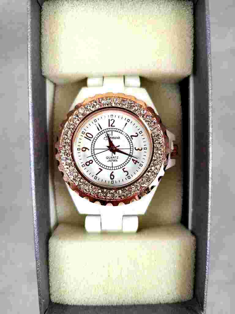 Genoa Womens Watch CZ Rose Gold Look White Band Quartz Japan Water Resistant NIB