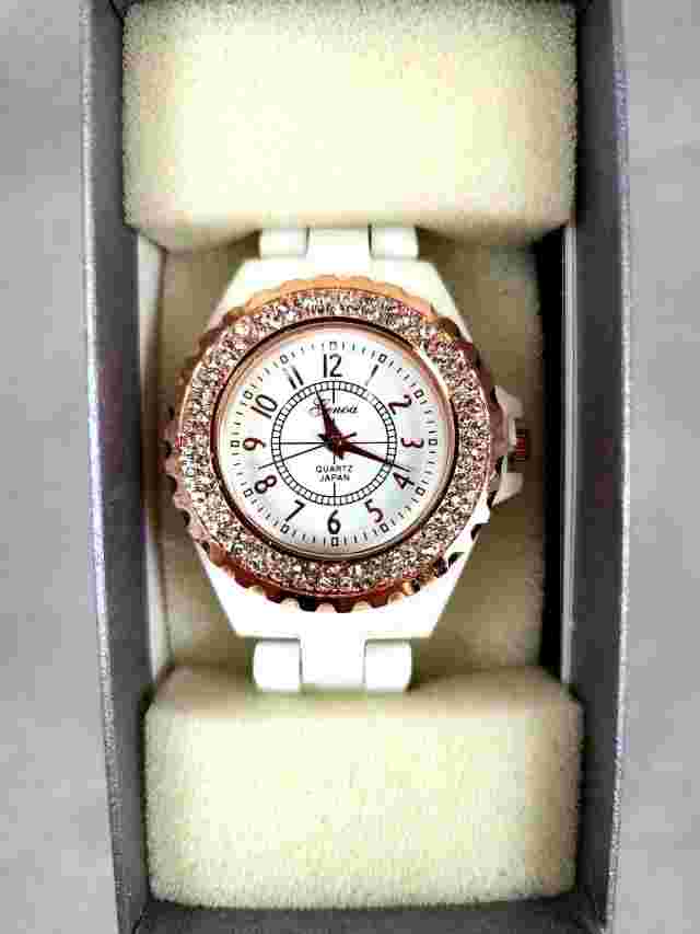 Genoa Womens Watch CZ Rose Gold Look White Band Quartz Japan Water Resistant NIB