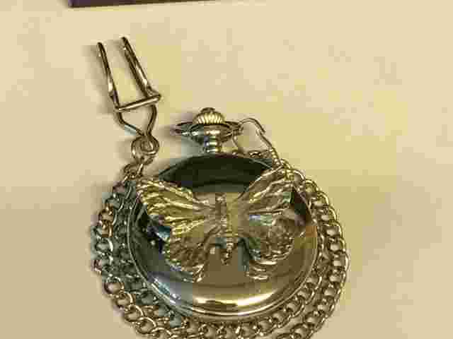 Butterfly TG157 Pewter on a Silver Pocket Watch Quartz fob