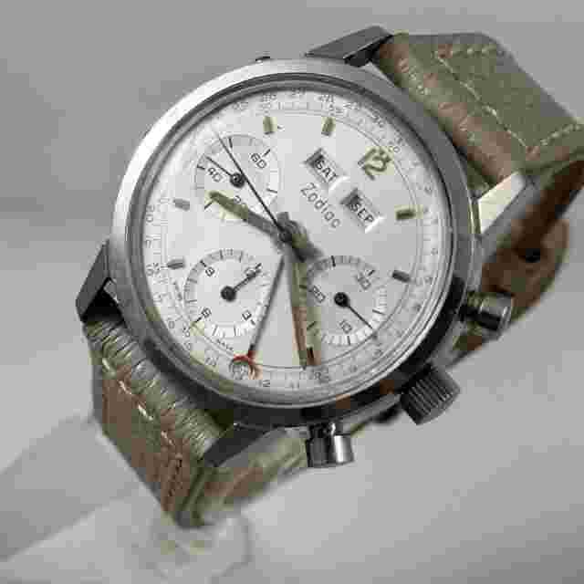 VINTAGE ZODIAC VALJOUX 723 TRIPLE DATE CHRONOGRAP STAINLESS STEEL MENS WATCH