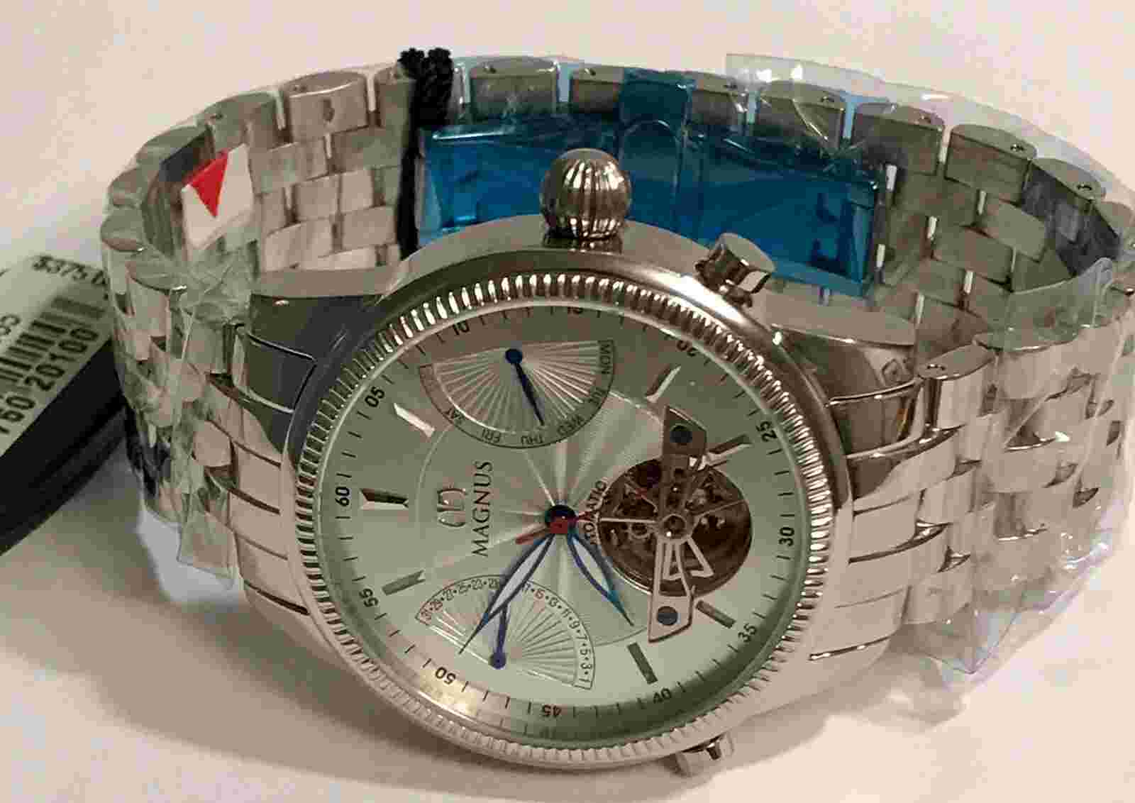 44mm Auto 33J Day & Date RETROGRADE Open Heart Slvrtn Bracelet MAGNUS Mens Watch