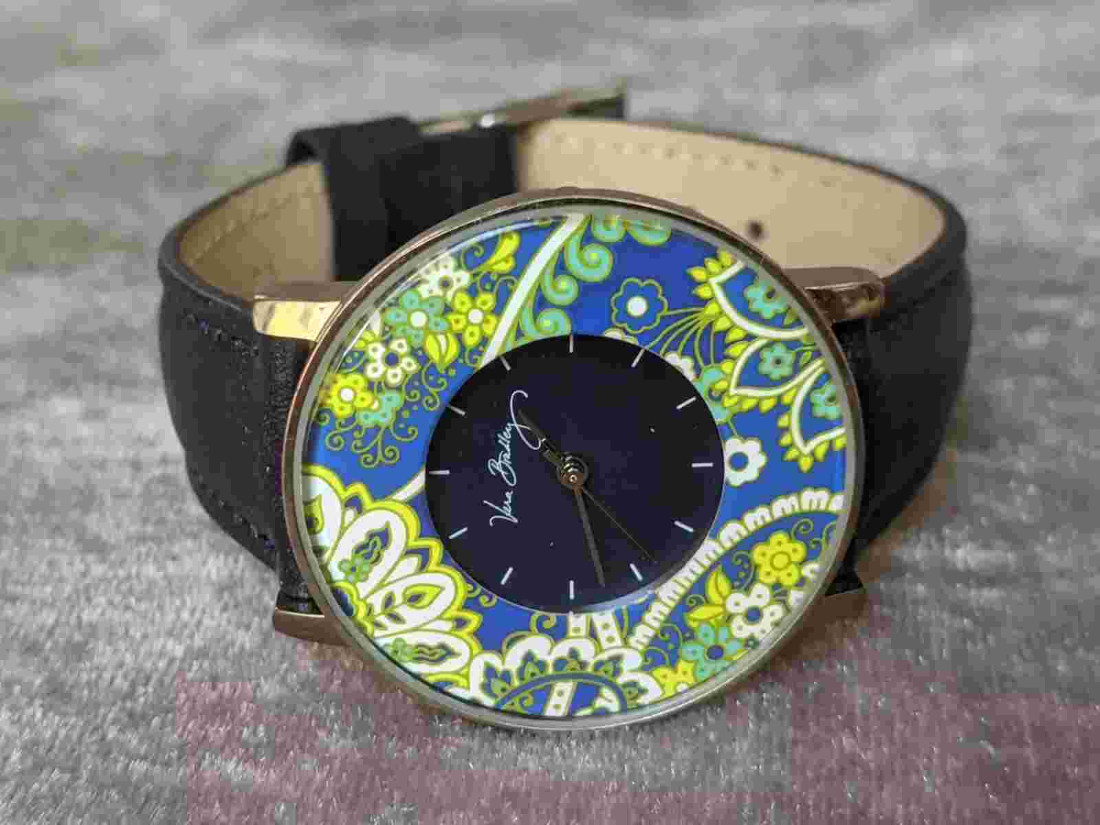 Vera Bradley Women's Silver Tone & Blue Watch Flowered Bezel Blue Leather Bands