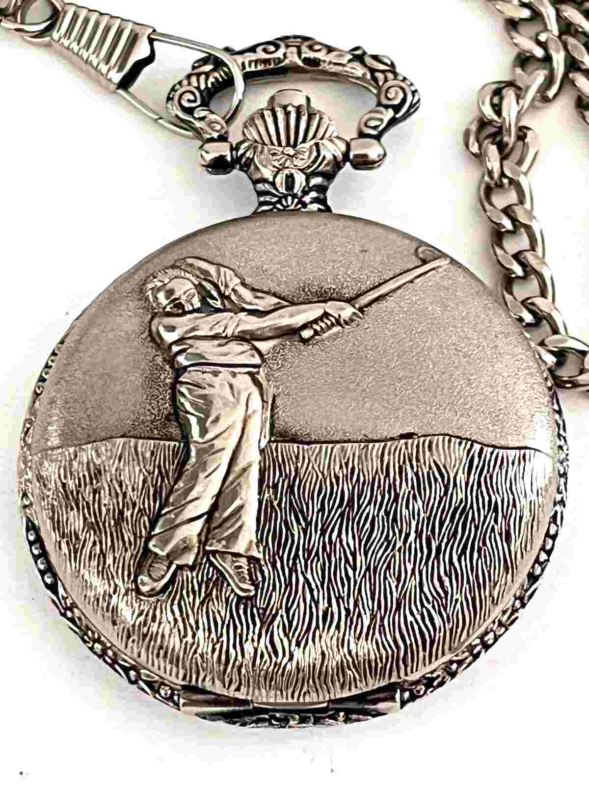 Mens Sierra Club Golfers Pocket Watch Analog New Battery Engraved Back 15" chain