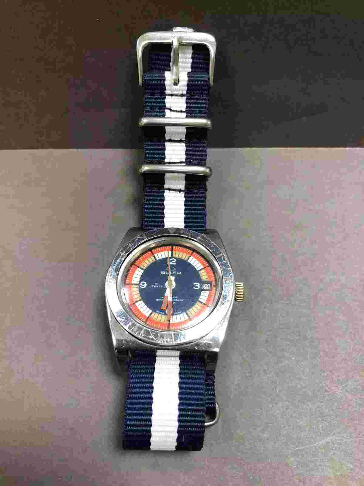 Vintage Swiss Hand Wind BULER Diver Watch BLUE dial  FIXED  Bezel  R
