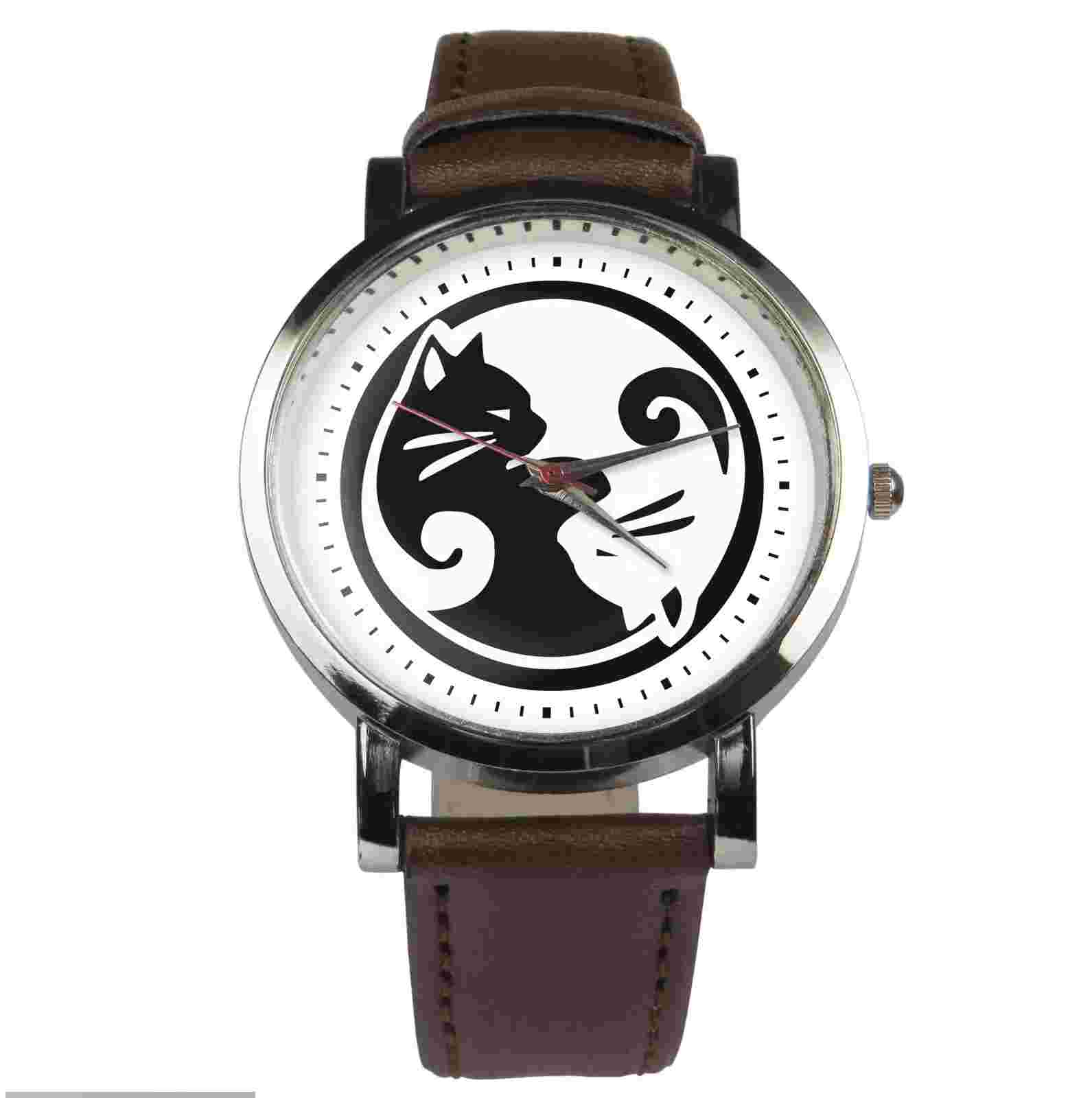 Ying Yang cats wristwatch. Black or brown strap