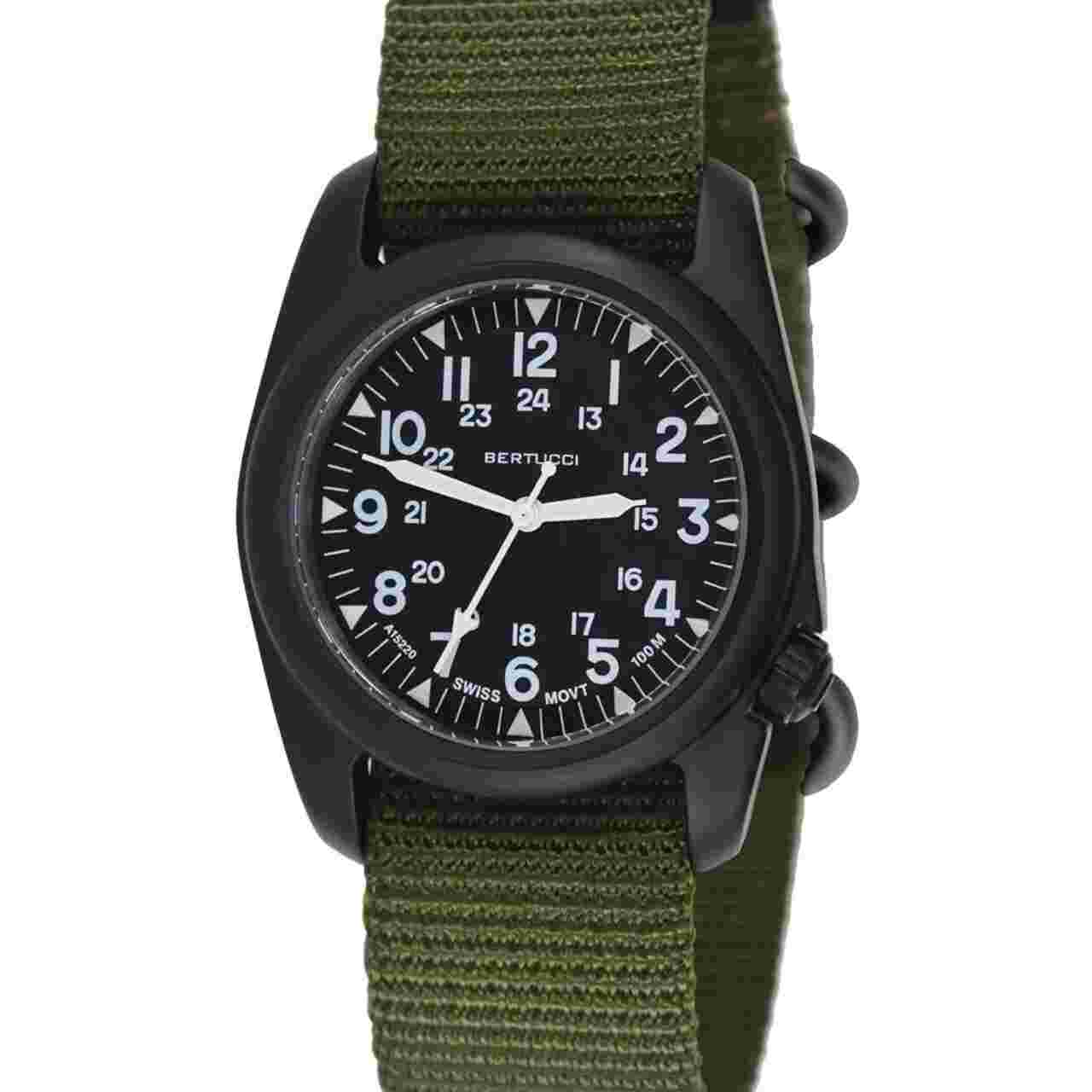 BERTUCCI A-2S Vintage Watch #11510 Black Dial - Defender Olive Nylon Band