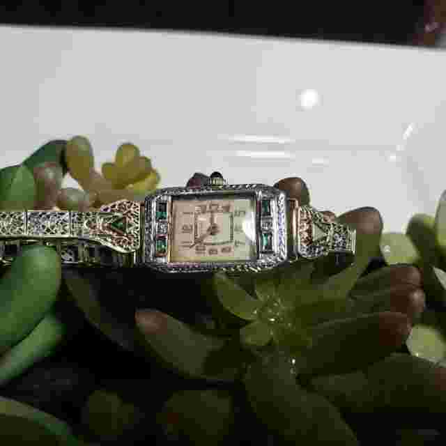 WHITE GF ANTIQUE-VINTAGE DECO WATCH WITH EMERALDS AND FILAGREE BAND