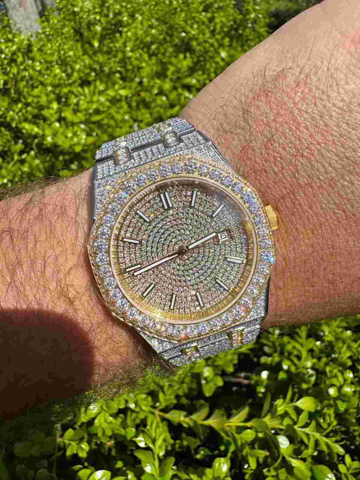 Real MOISSANITE Two Tone Gold Mens Auto Watch Iced Large Stones No ID Hip Hop