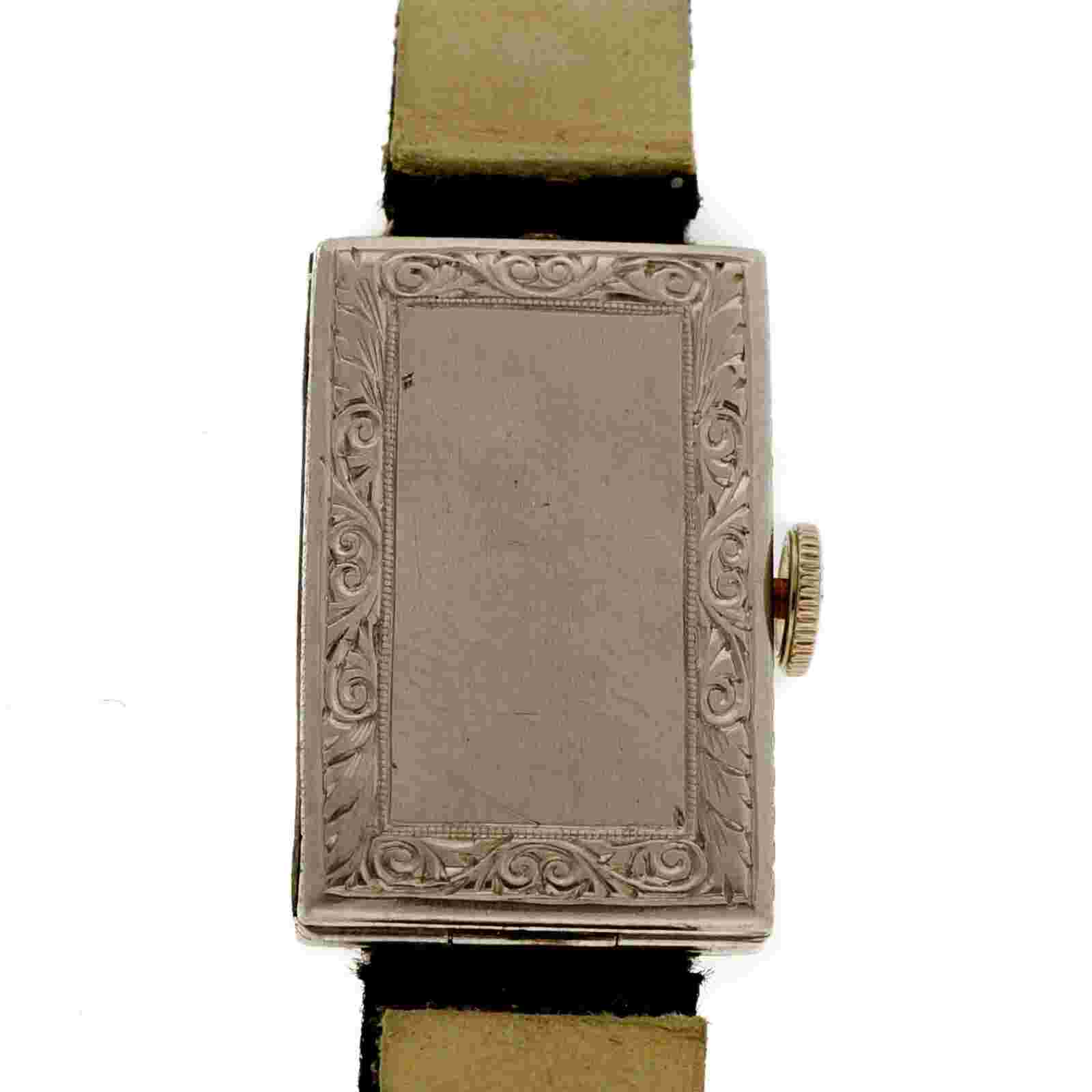 Art Deco Hand Engraved Gruen Guild Platinum 1920 Satin Strap Wrist Watch