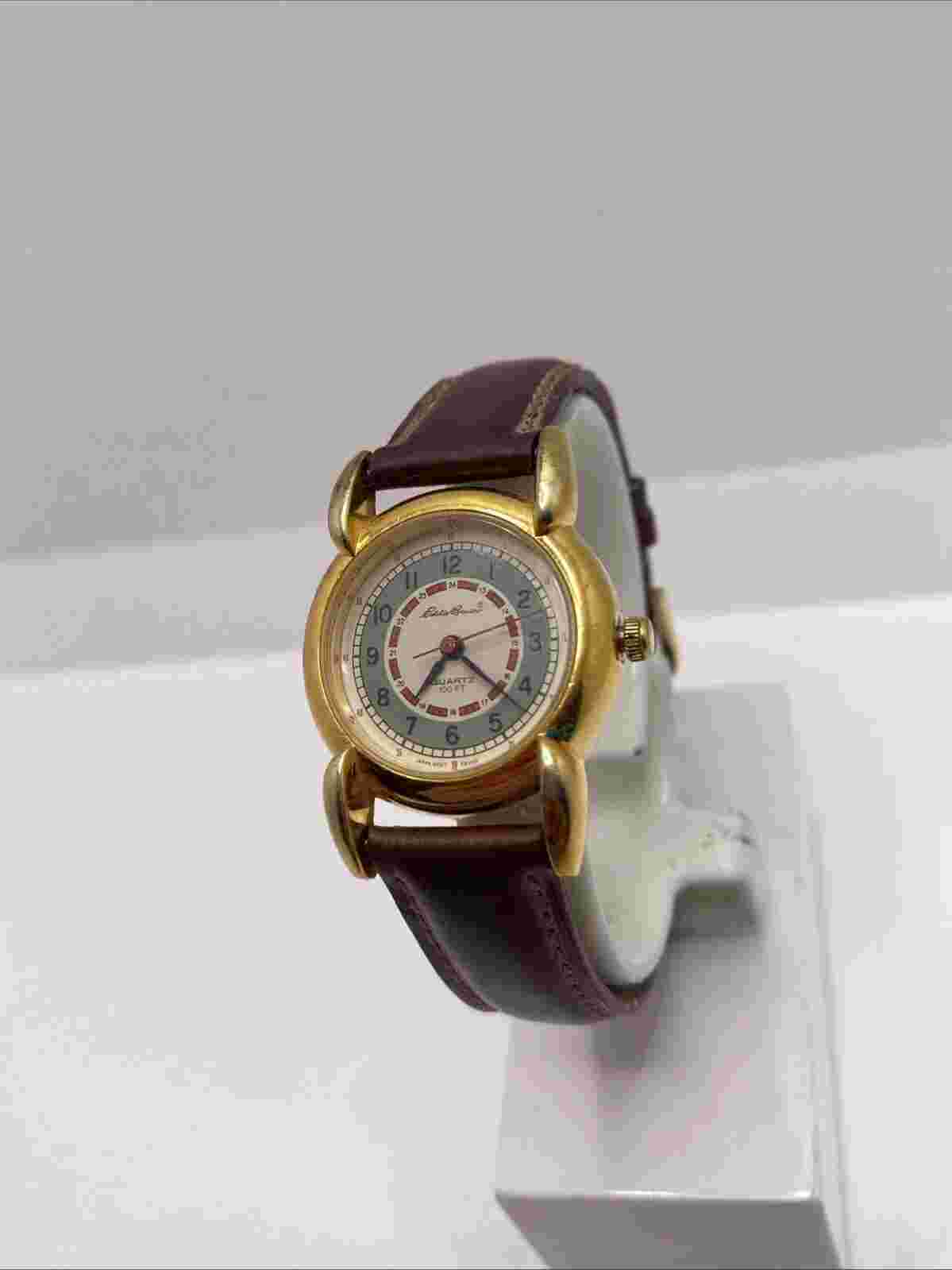 Eddie Bauer  Gold Tone Quartz Women's Brown Buckle Band Analog Watch New Battery