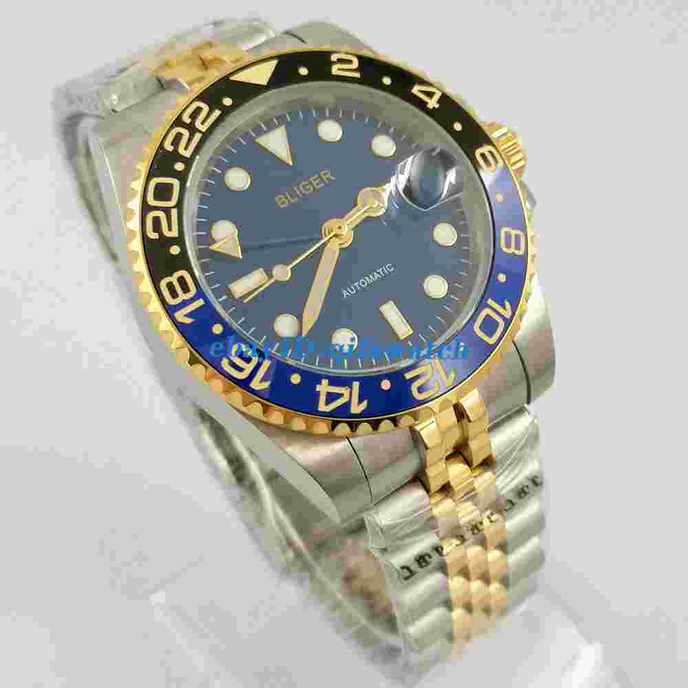 40mm Bliger blue dial GMT automatic mens watch sapphire glass date gift ceramic