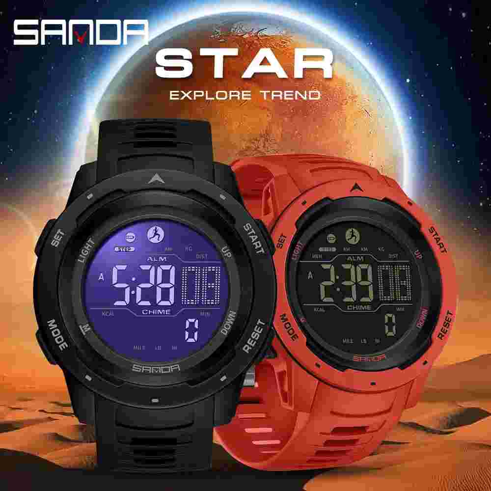 SANDA Men Watches Sports Passometer Calories 50M LED Digital Watch Wristwatch