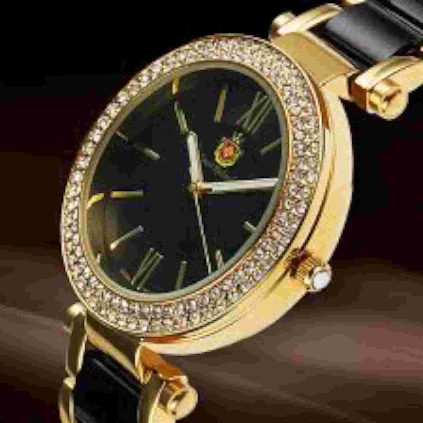 NEW Louis Richard 62623611 Gold & Black Bracelet Polyurethane Band Watch ladies