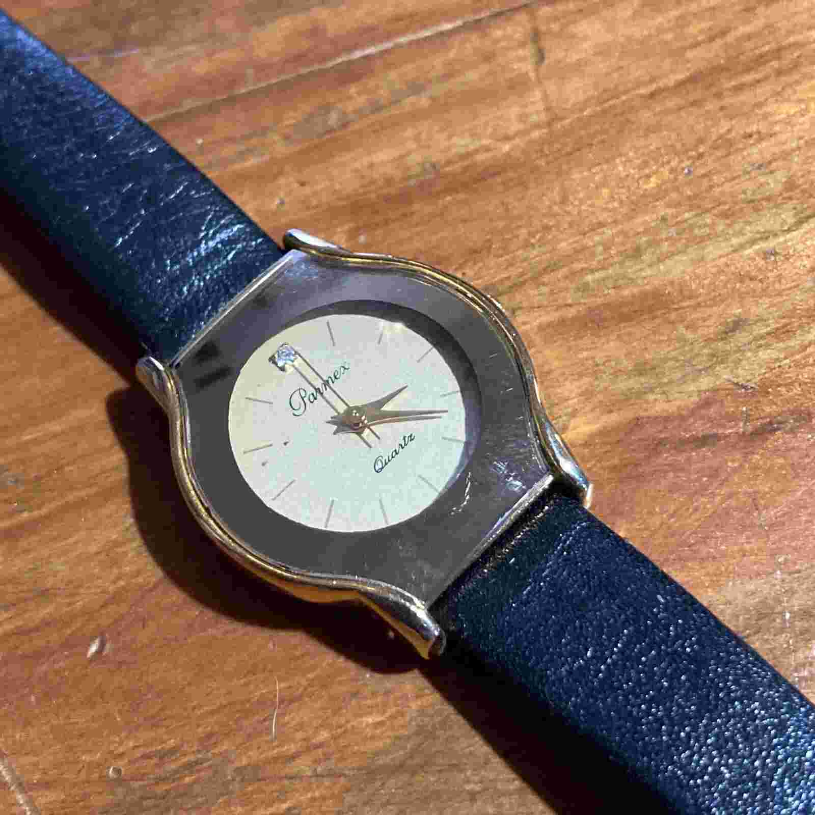 Parmex Ladies Watch Gold Tone w Leather Band Works w New Battery