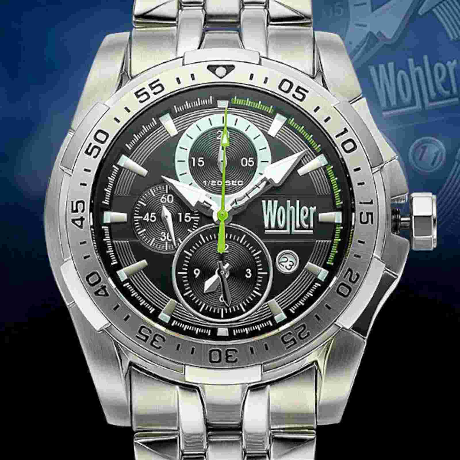 NEW Wohler 1234M Men's Steiner Watch Black Dial Green Accent SS Chronograph