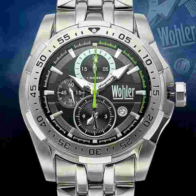 NEW Wohler 1234M Men's Steiner Watch Black Dial Green Accent SS Chronograph