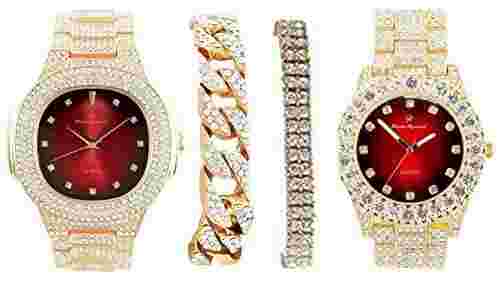 Two Favorite Bling'ed Out Mens Timepieces Two Bling'ed Out Cuban Bracelt 8475Set