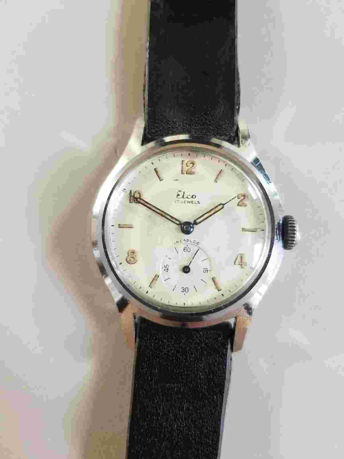 ELCO INCABLOC SWISS VINTAGE MILITARY STYLE DIAL WIND UP MEN'S WATCH - NOS STRAP
