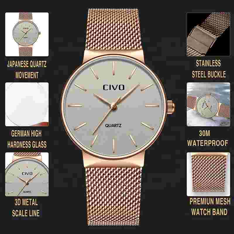 CIVO Women Rose Gold Japan Quartz Movement Stainless Steel Mesh Band Wrist Watch