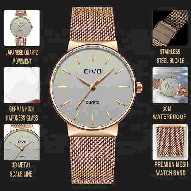 CIVO Women Rose Gold Japan Quartz Movement Stainless Steel Mesh Band Wrist Watch