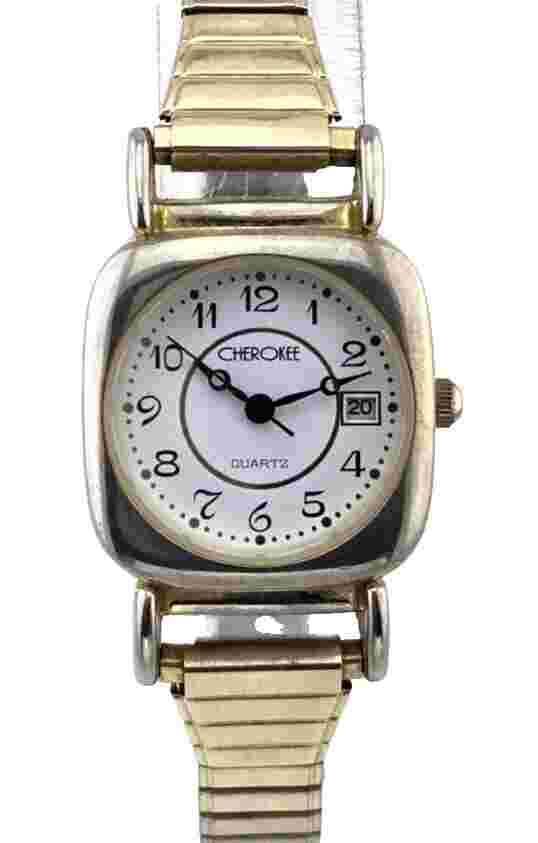 Cherokee Classic Date Gold Tone Kettle Shape w Round Face Watch NEW BATT